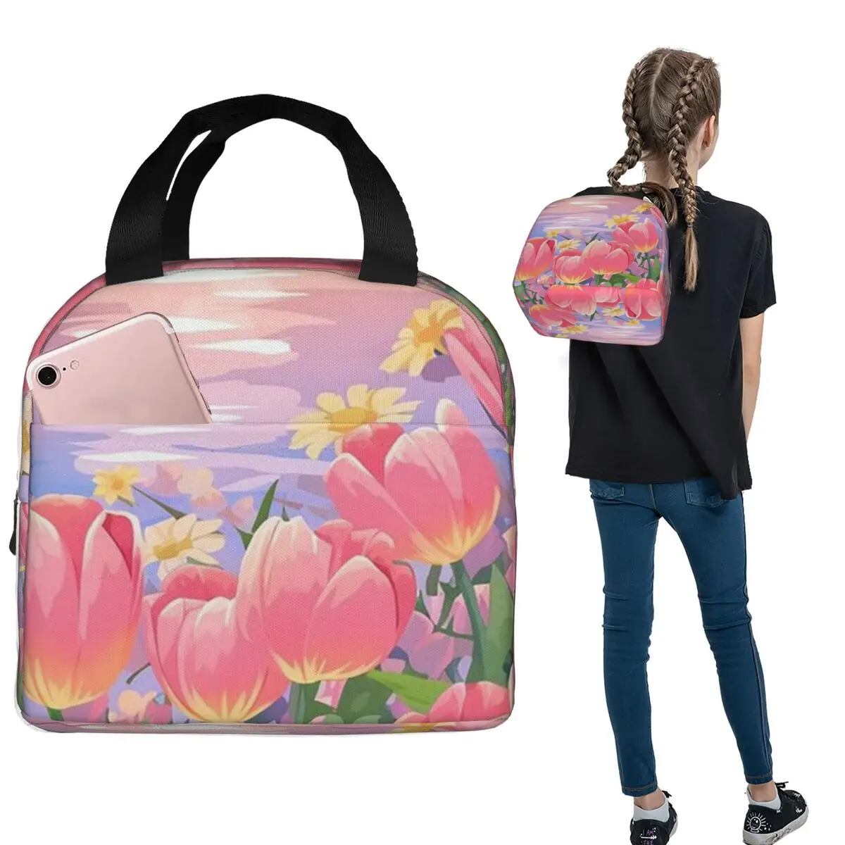 Red Tulip In The Beach Insulated Lunch Bag for Women Kids Leakproof Food Boxes Thermal Lunch Box Tote