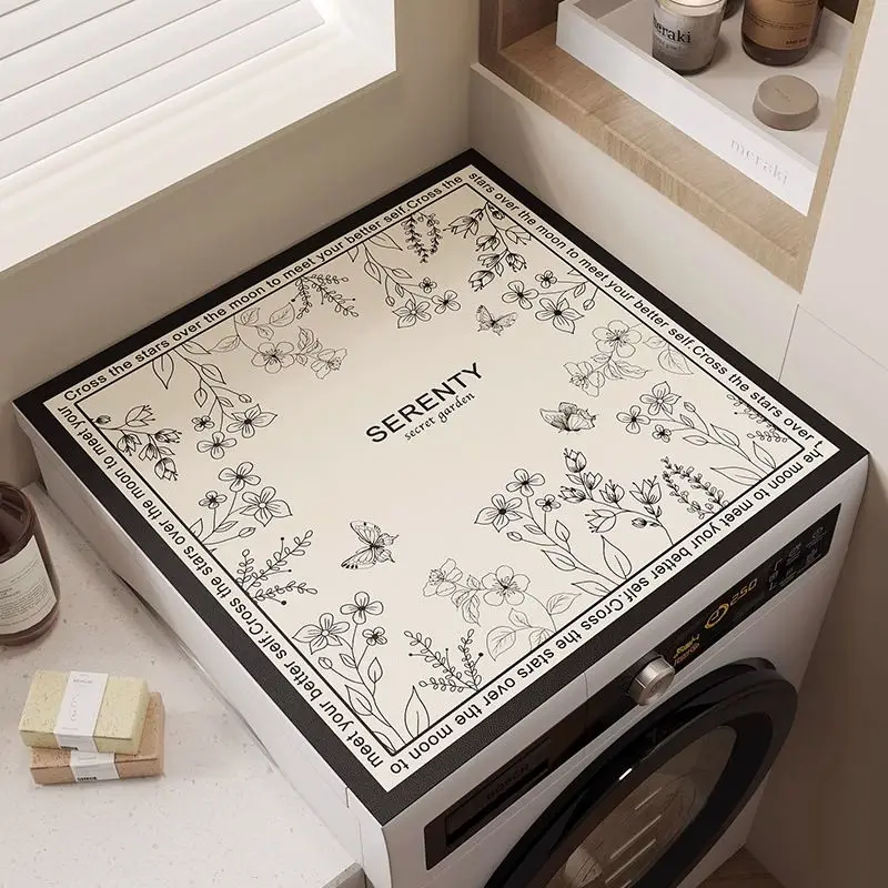 VIKAMA Monochrome Tropical Leaf LUCKY Washing Machine Top Mat Monstera Ink Drawing Badge Frame Water Resistant Non Slip Kitchen