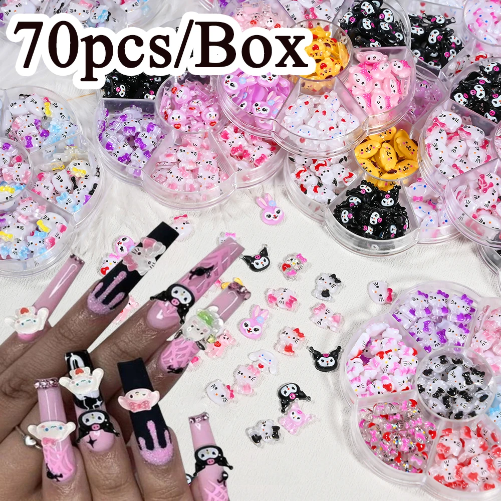 70pcs/Box Sanrio Resin Mixed Nail Decoration 3D Kawaii Hello Kitty-Kuromi Sparkling Flat Back Nail Charms DIY For Manicure Parts