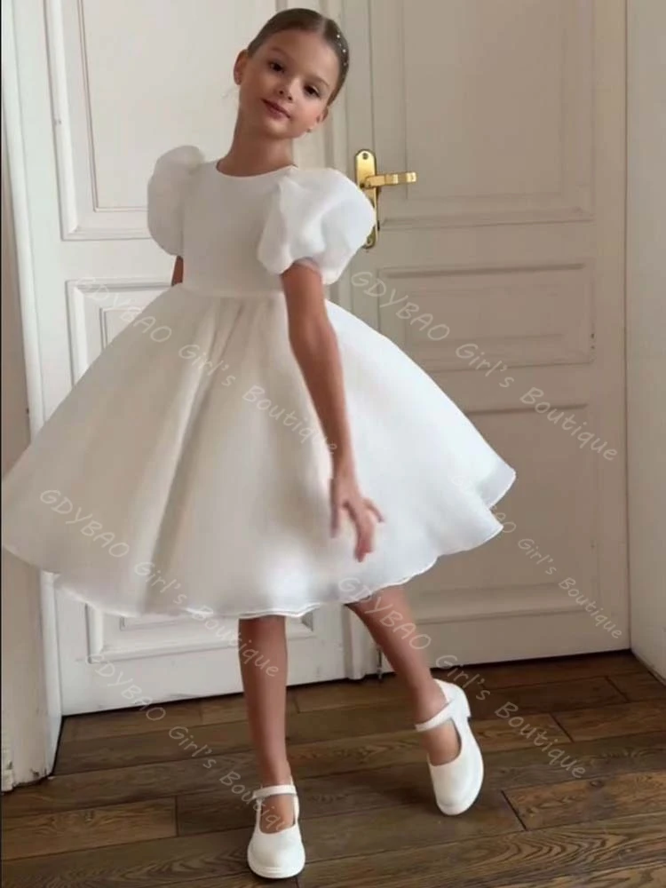 맞춤형 꽃 소녀 드레스 유아 라운드 넥 퍼프 슬리브 첫 성찬식 드레스 무릎 길이 웨딩 파티 볼 가운 맞춤