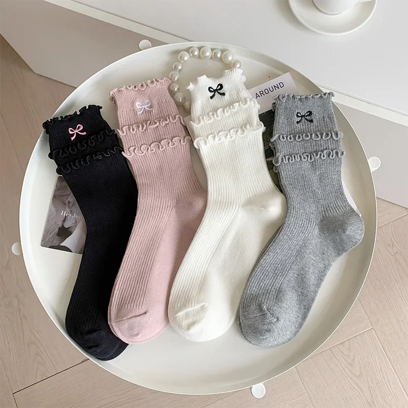 Japanese Style Sweet Bow Embroidery 3-layer Fungus Edge Socks For Women JK Middle Tube Socks Lolita Ballet Style Pile Of Socks