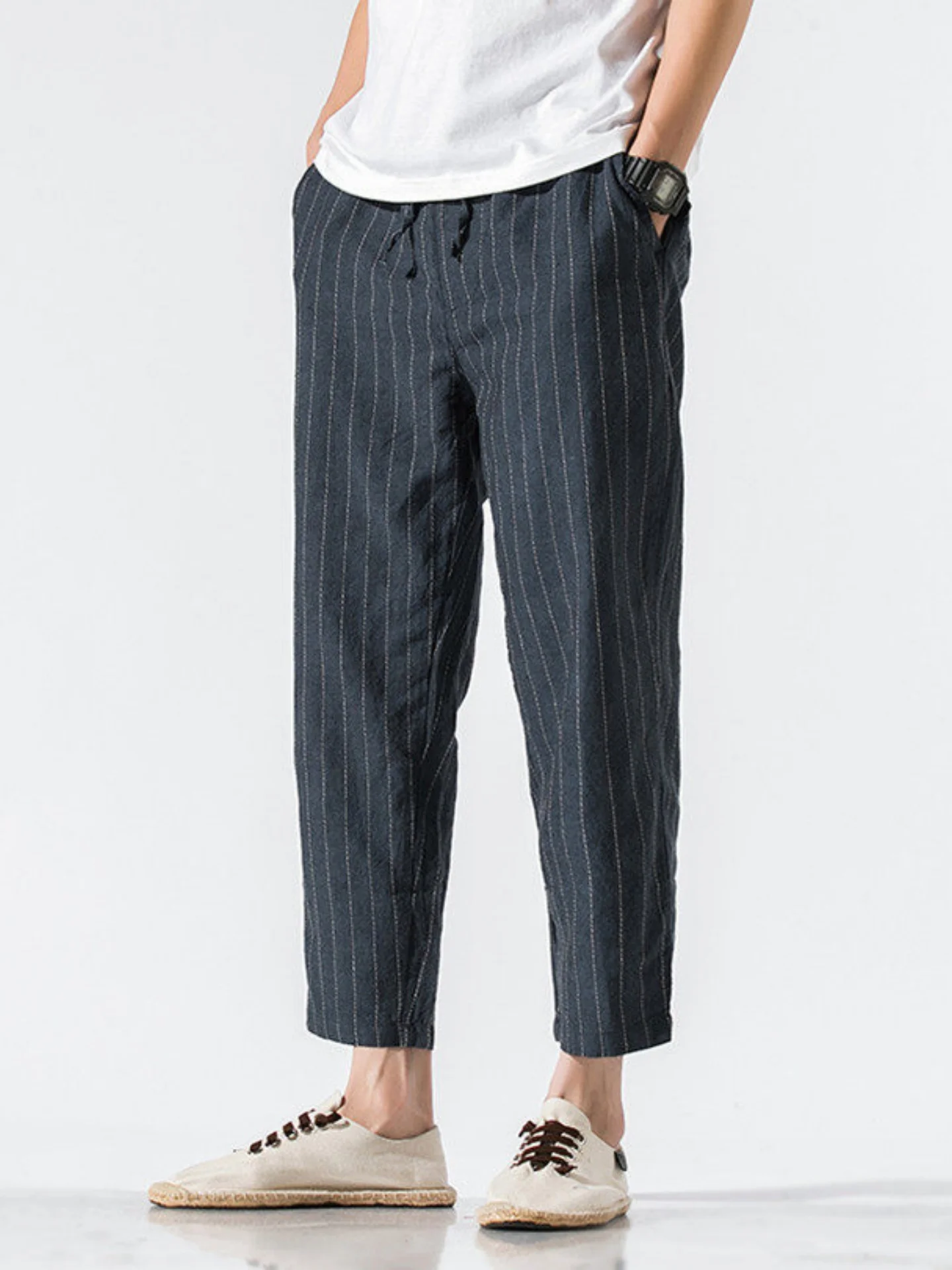 

Мужские летние тонкие льняные брюки из хлопка и льна, 9/10 длины, повседневные, в полоску, свободного кроя, прямые, со средней талией, модные, молодежные