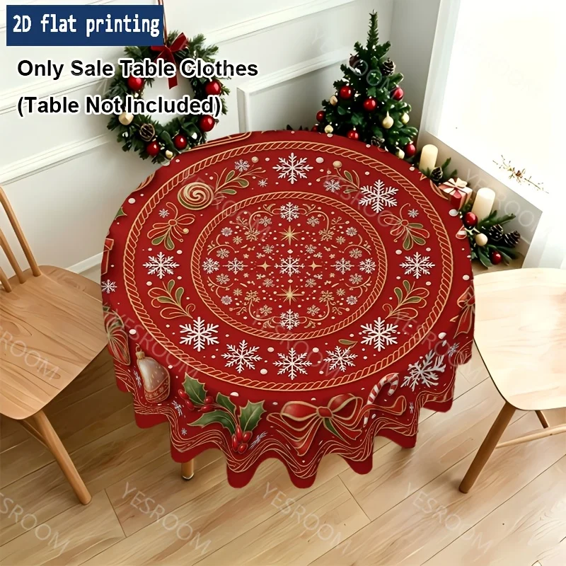 1 piece of 2D flat print Christmas round tablecloth, gorgeous red center with sleigh and decorative pattern design