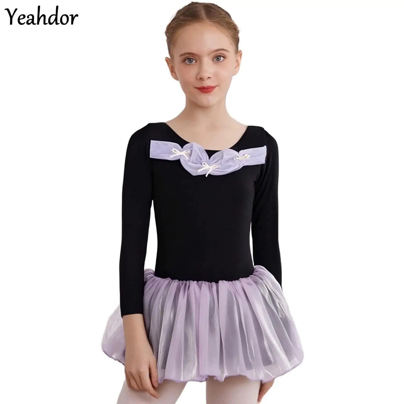 

Ballet Dress Gymnastics Leotards for Kids Girls Bowknots Ruched Long Sleeve Tulle Tutu Leotards Dress Performance Competition