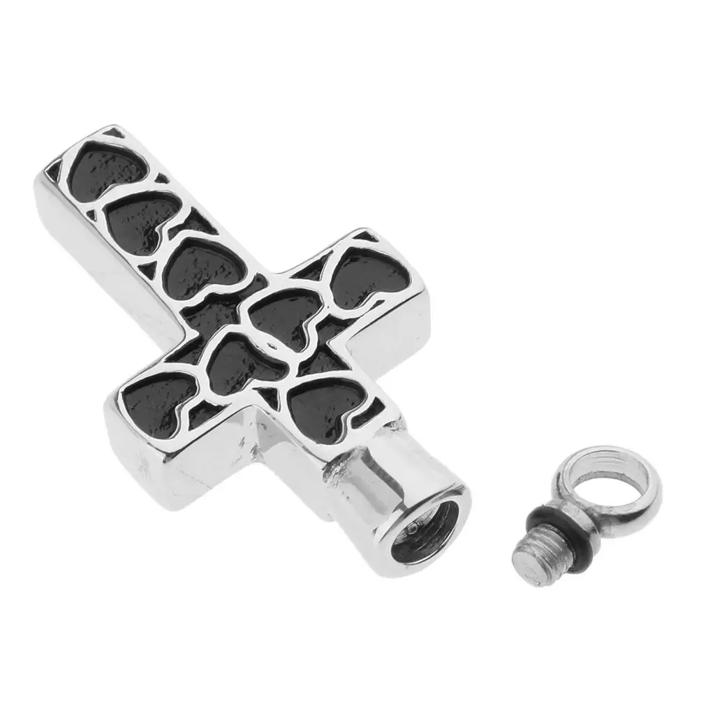 Silver Black Cross Cremation Pendant Stainless Steel Pet Ash Holder Jewelry for Memorial Service