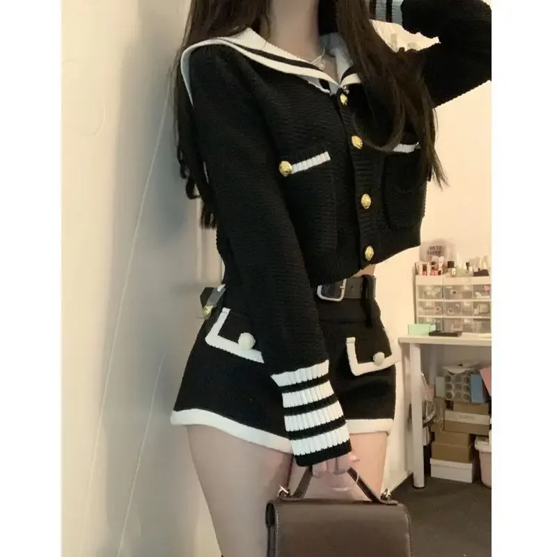 Gagaok Cardigans Short Sets Women 2024 Autumn Winter Clothes Navy Collar Short Knitted Cardigan Coat+high Waist Shorts