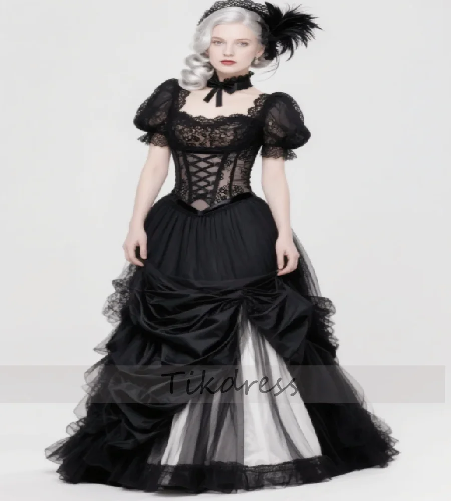 Victorian Black Gothic Wedding Dress 2026 Short Sleeve Ruffles Enchanting Bohemian Bridal Dress Lace Celtic Bridal Dress Witchy