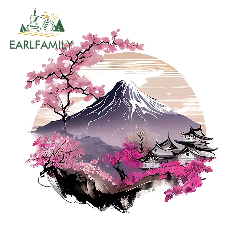 EARLFAMILY Beautiful Cherry Blossom Car Stickers Japanese Landscape Item Car Body Decals Vinyl Sunscreen Car Door Protector