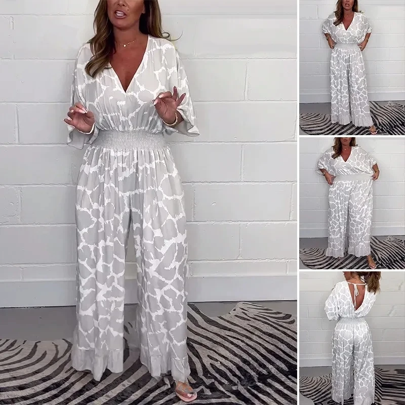 

Japanese and Korean Casual Women's Waist-closed Backless Jumpsuit with Deep V Print Design Is A New Summer Product