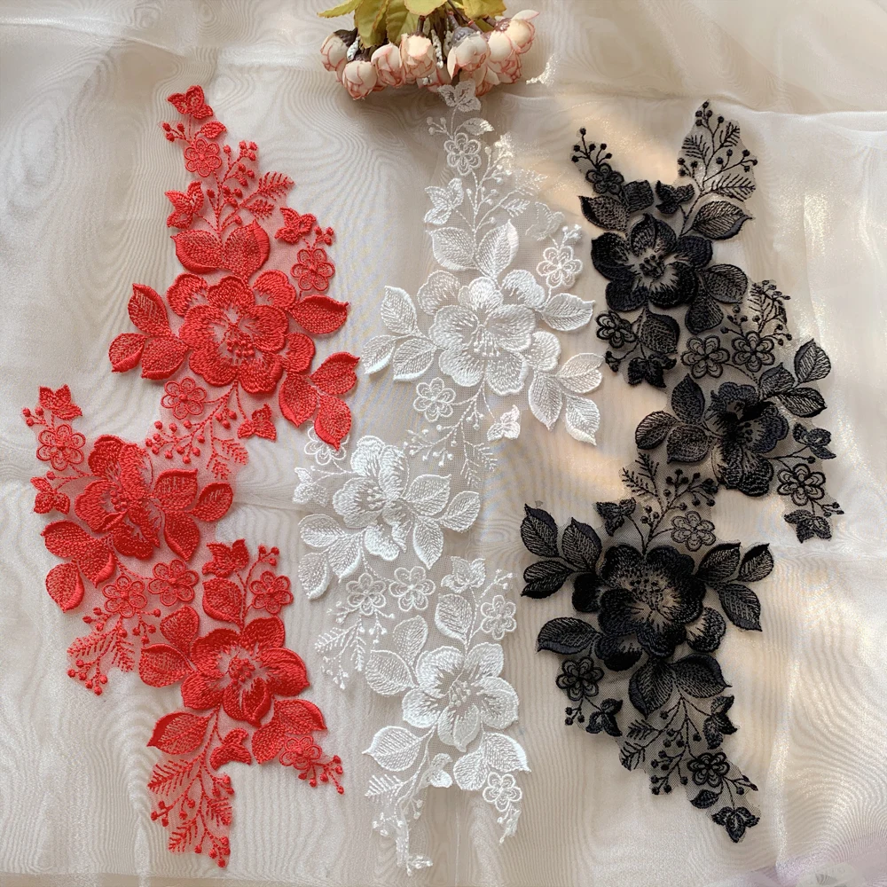 4 Stück = 2 Paare. Schwarz-Rote Rayon-Spitzenblumen mit Spiegeleffekt. DIY Hochzeitsschleier, Kinderkleidung, Applikations-Nähzubehör, RS2506113 – Detail 2