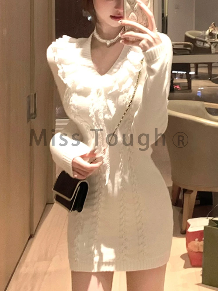 Winter French Elegant Knitted Dresses Women Lace Vintage Chic Party Sweater Dress Female Korean Retro One Piece Dress 2024 New