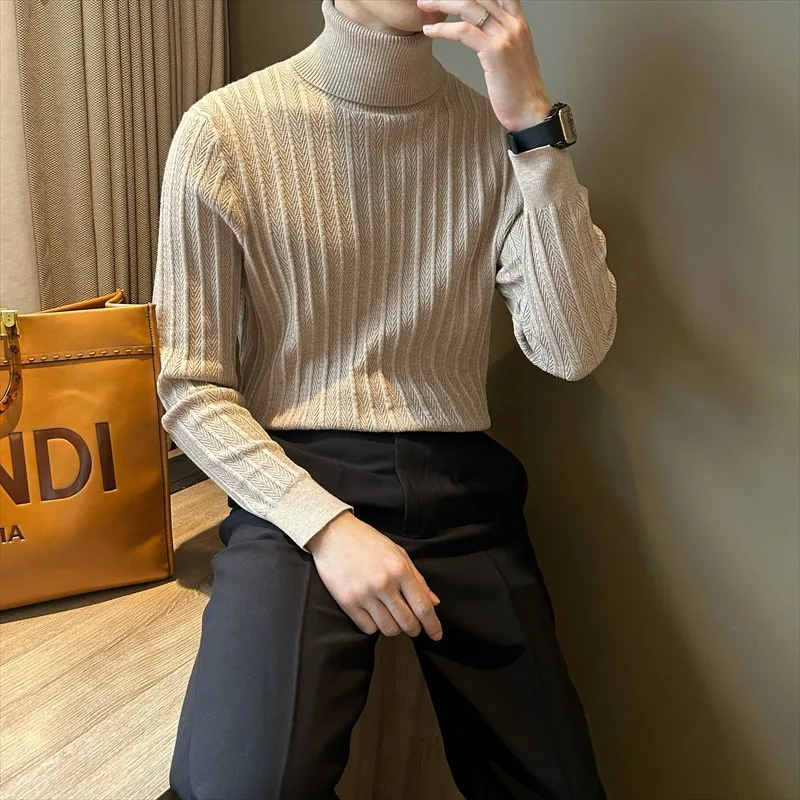 Solid Color Herringbone Turtleneck Sweater for Men Versatile Korean Style Casual Autumn and Winter Retro Knitted Sweater Top