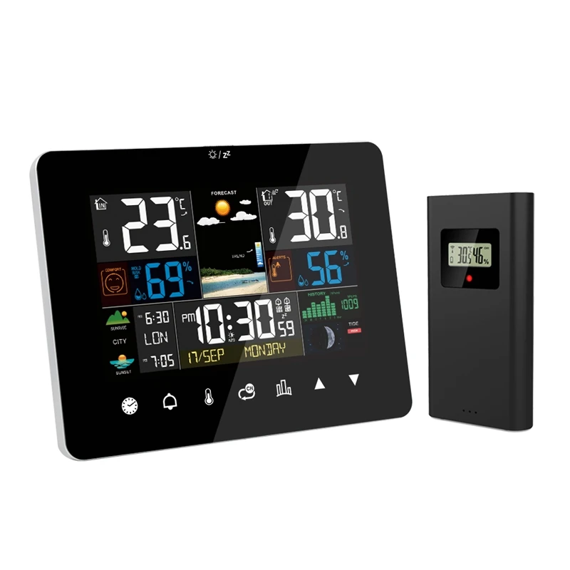 Fanju Weather Station Touch Screen Table Moon Phases Tides Barometer Thermometer Hygrometer Wall Clock Sun Time Forcast Sensor