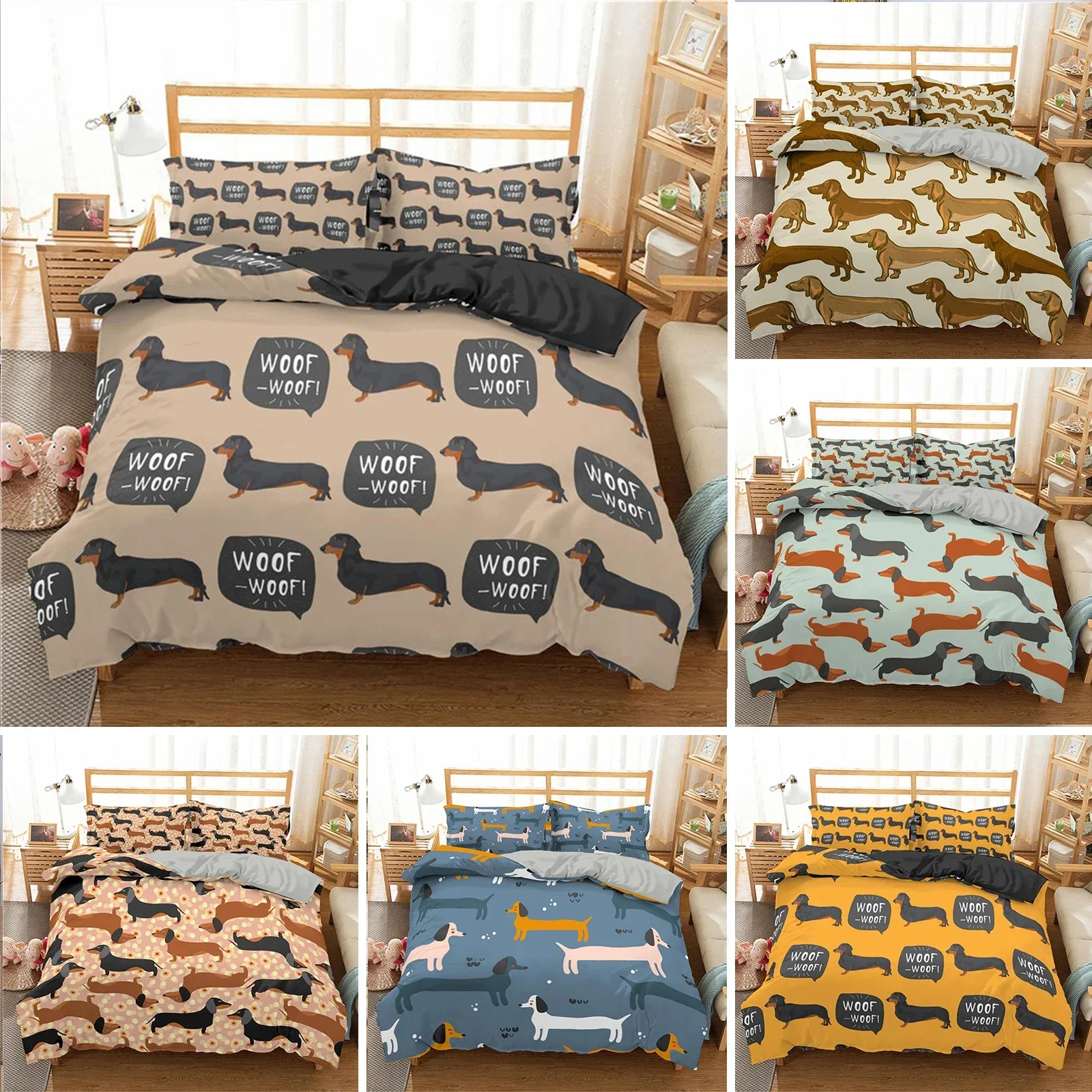 Cartoon Dachshund Bedding Set Cute Sausage Dog Duvet Cover Set Pet Puppy Printed Comforter Cover Animal Polyester Quilt Cover