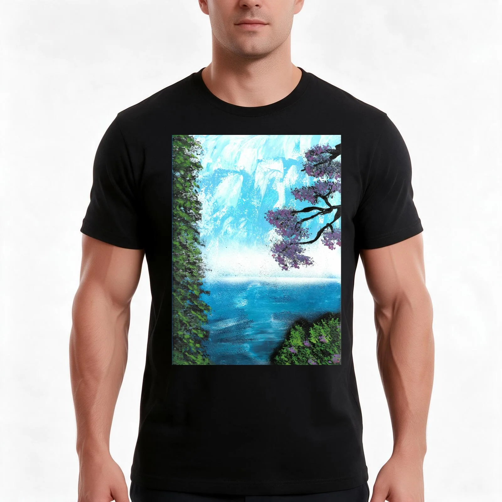 Waterfall nature spray paint art T-Shirt Summer Casual Cotton Tee Oversized Streetwear Tops Vintage Graphic Print