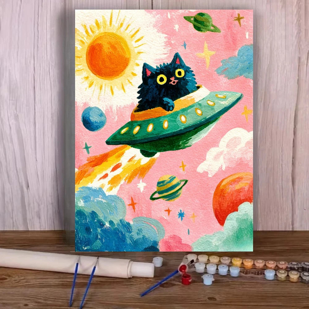 Interstellar Black Cat Cute Planet Space Diamond Painting By Number DIY Wall Decor for Game Room or Living Room Gift