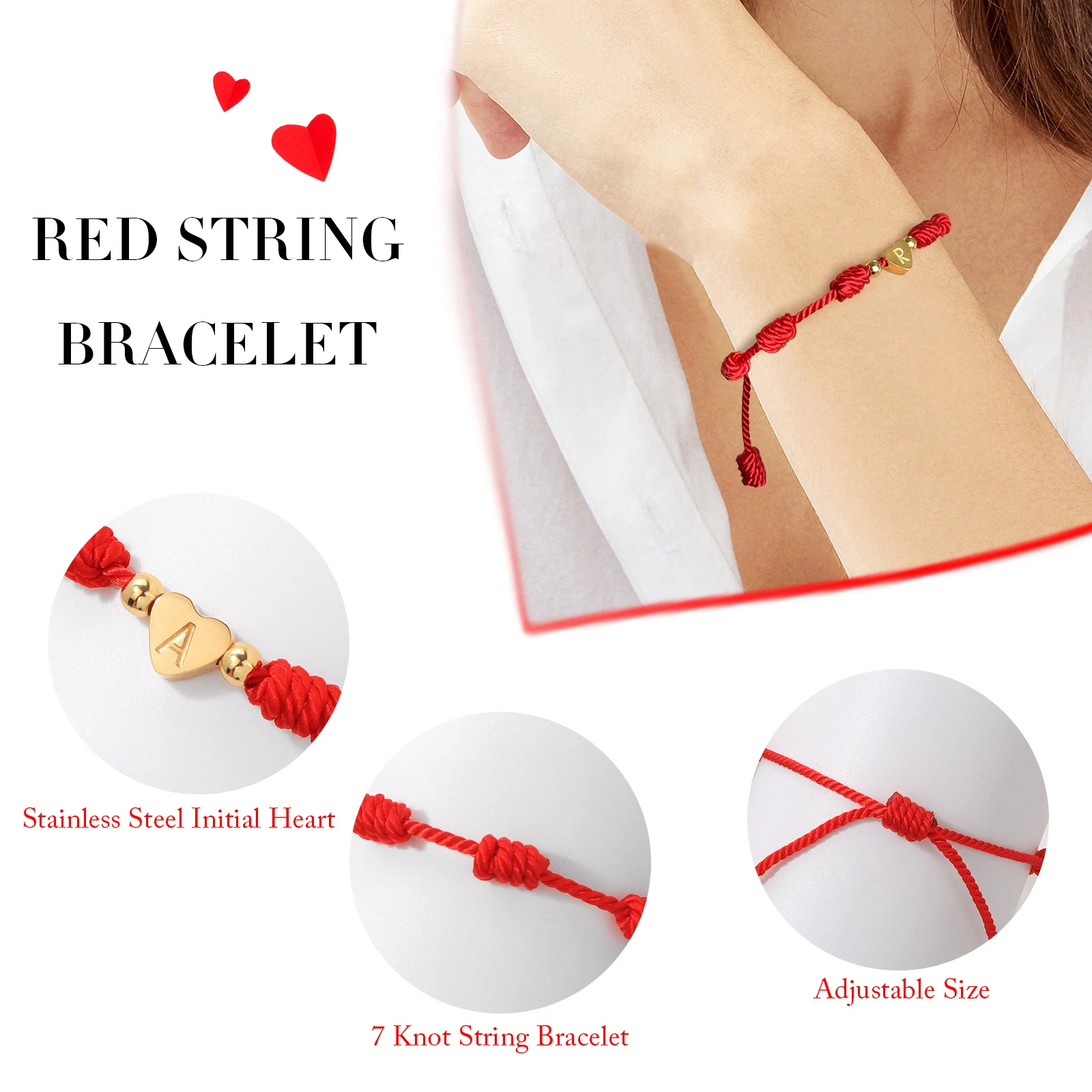 Pulsera de corazón con inicial de 26 letras, pulseras de hilo rojo ajustables hechas a mano con 7 nudos para mujeres y hombres, joyería de amuleto de la suerte de la amistad