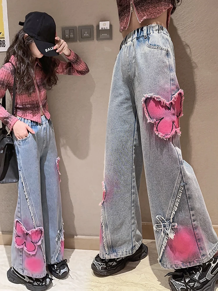 

Широкие джинсы для девочек, весна-осень 2023, новые джинсовые брюки с узором для учащихся средней школы, детская одежда