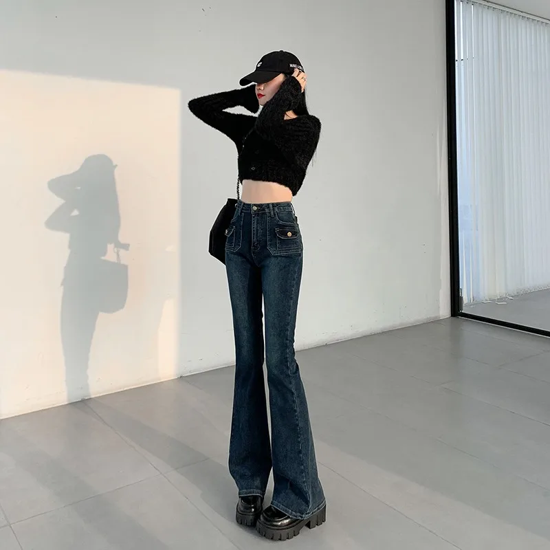 Women High Waist Flare Jeans Double Pockets Stretch Slim Long Bootcut Denim Trousers Figure Friendly Casual Daily Pants