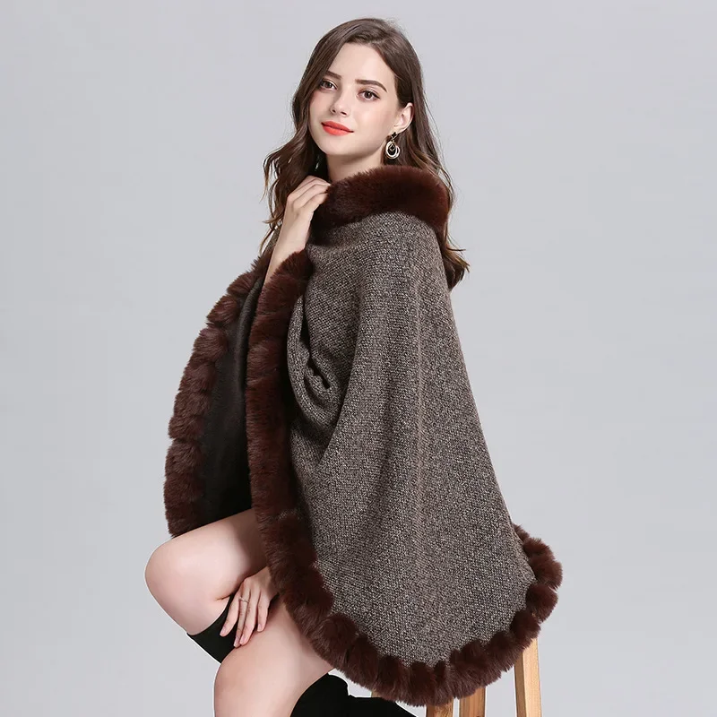 10 Colors Velvet Warm Pullover Cloak Winter Hole Faux Rabbit Fur  Street Wear Women Capes Solid Poncho Knitted O Neck Loose Coat