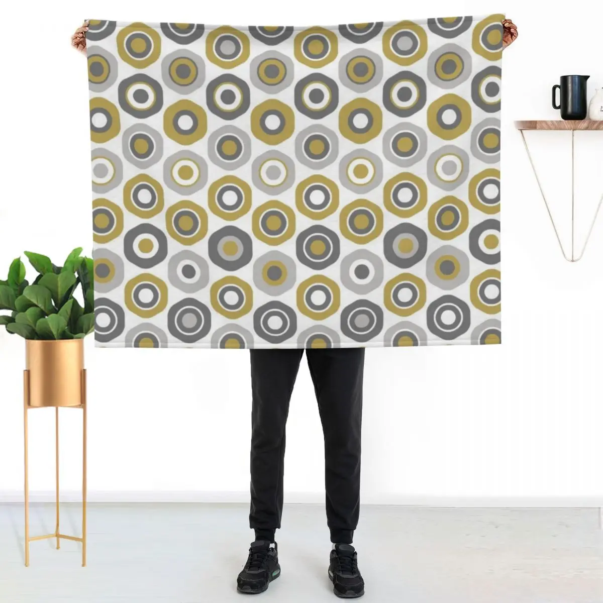 Buttons Geometric Honeycomb Pattern in Gray and Burnished Gold Throw Blanket For Baby halloween Hairy Personalized Gift Blankets