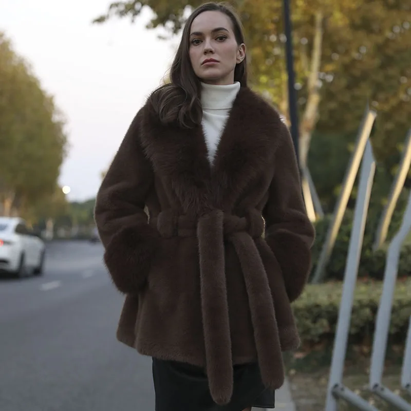 Winter Vintage Brown Fluffy Faux Mink Fur Coat With Belt Elegant Luxury Chic Thick Warm Soft Women Jacket Furry Overcoat