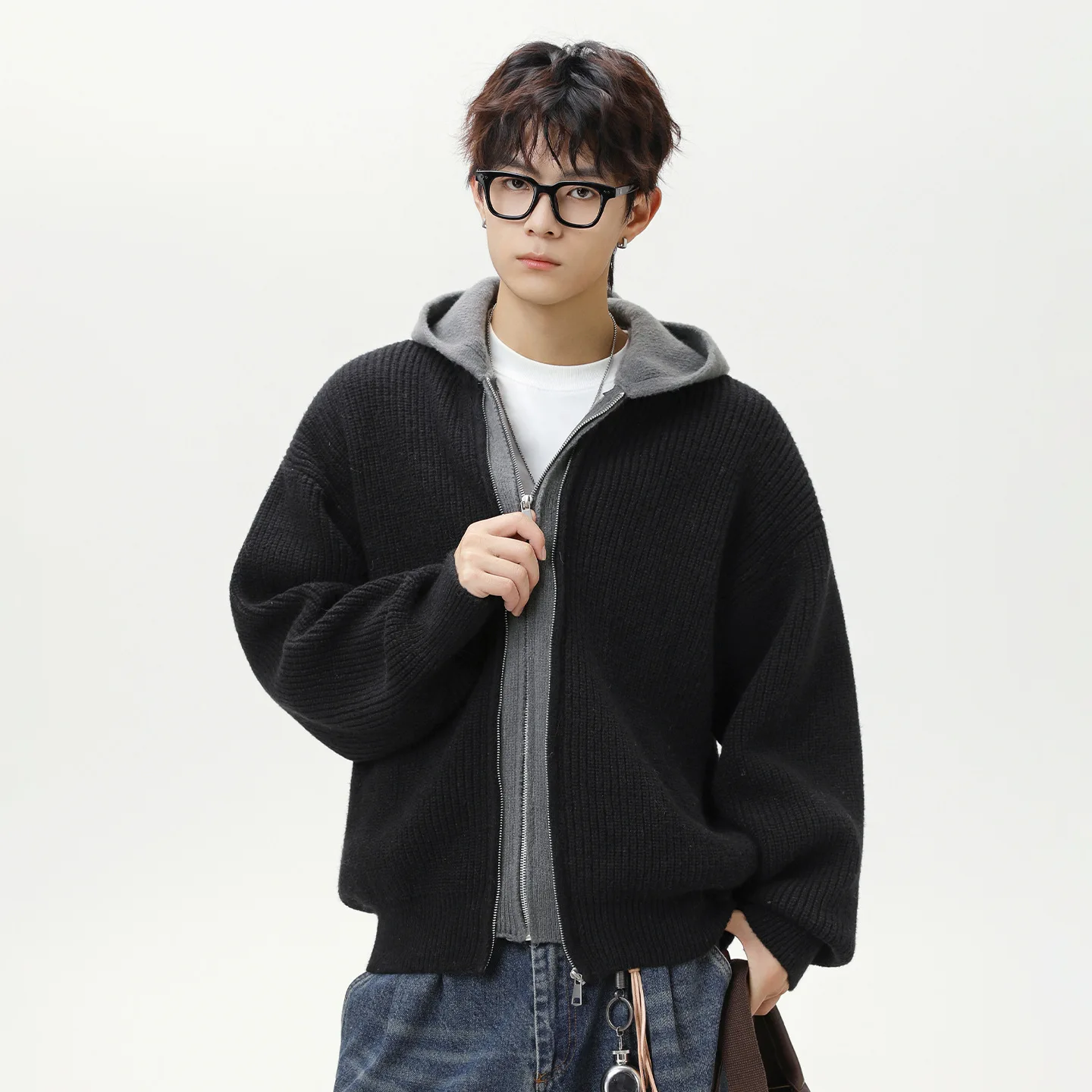 Women Men Knitted Cardigan Sweaters Solid Jumpers Zipper Fake Layer Hooded Long Sleeves Loose Casual Streetwear Autumn Winter