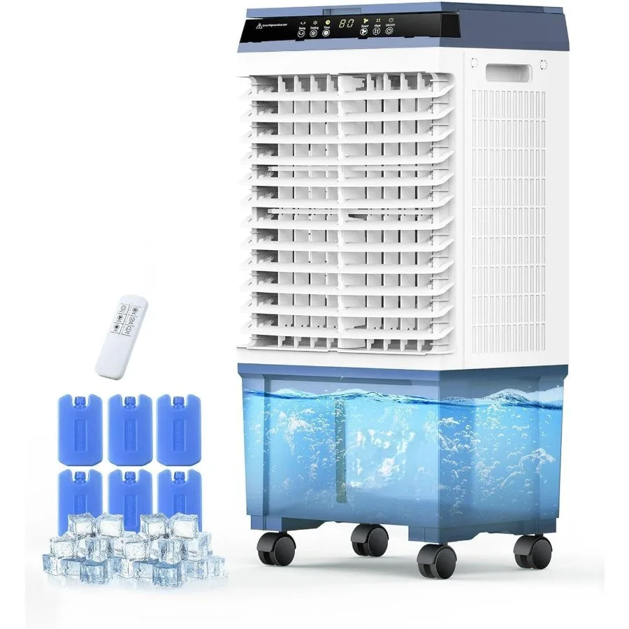 

Swamp Cooler 1800 CFM Portable Evaporative Air Cooler with 6 Ice Box 5.3 Gal Water Tank 110 Swing 3 Speeds Upgraded Remote 12H