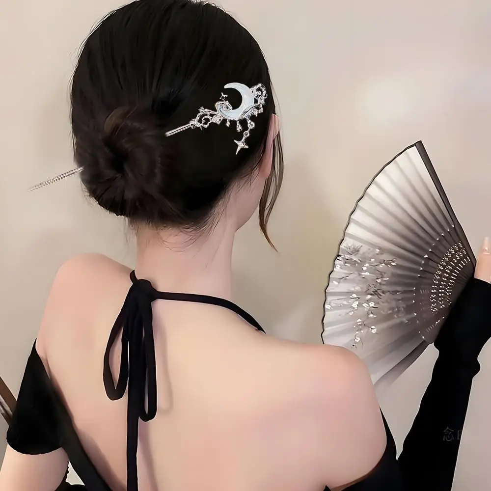 2개 별 달 머리핀, 롱헤어용 금속 은색 머리핀, 여성용 중국풍 머리핀