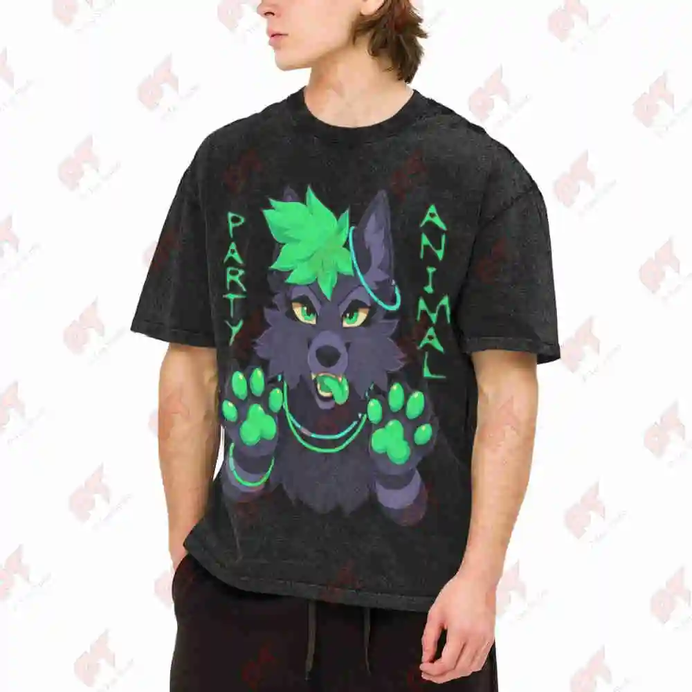Party Animal Furry Fandom Green Wolf Vintage Washed Tee Pure Cotton T-Shirt