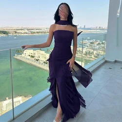 Customized Charming Strapless Sleeveless Evening Dresses Chiffon Backless Straight High Slit Prom Gow Pleat Solid Color Party Dr