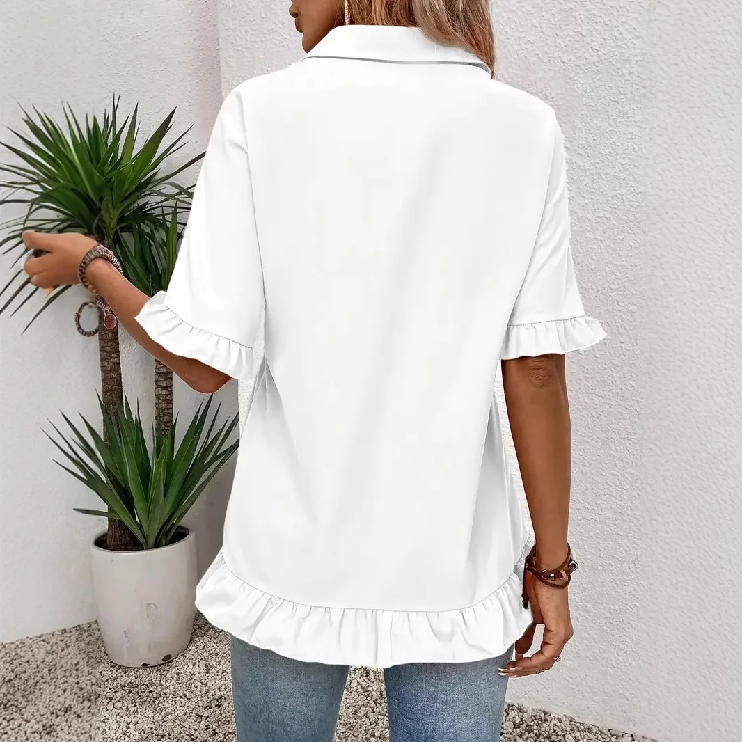 2025 Summer Women's Shirt White Fashion Loose Cardigan Orange Foliage Hem Mid-sleeved Top Blouses for Female