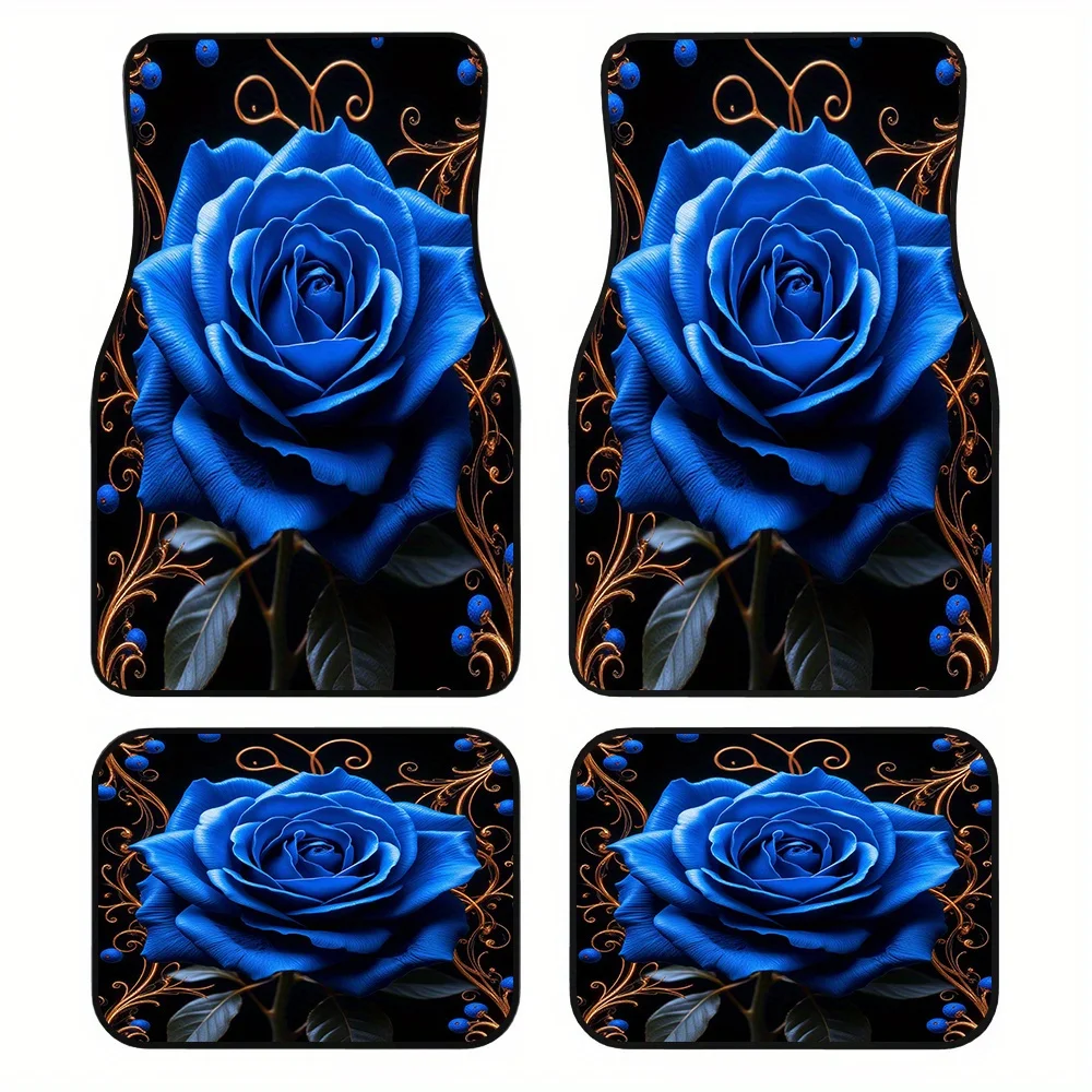 4pcs Elegant Blue Rose & Golden Vines Car Floor Mats - Non-Slip, Scratch-Resistant, Fit For Crossovers/SUVs, For Family Cars, Tr