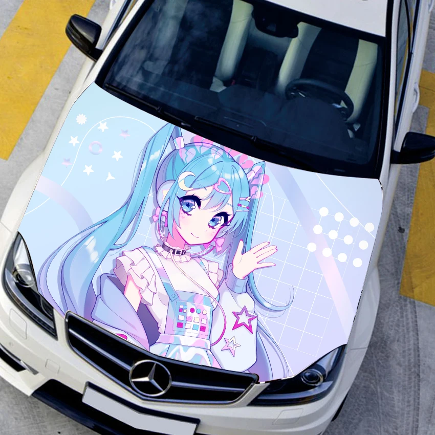 Anime Itasha Customizable Hood Vinyl Wrap Protective Film Purple Cute Girl Car Stickers HD Cartoon Decals Car Styling Accessorie