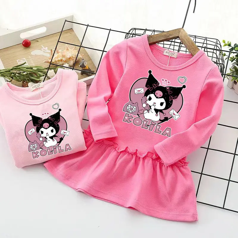 Kuromi Anime Kawaii Sanrio Ins Round Neck Long Sleeve Shirt Spring Autumn Cute Cartoon Children Casual Hooded Dress Gitfs