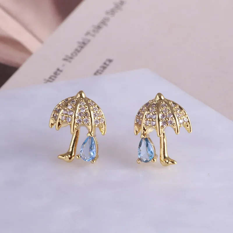 European And American Accessories Wholesale Creative Cute Little Umbrella Modeling Blue Water Drop Embellishment Fashion Earring