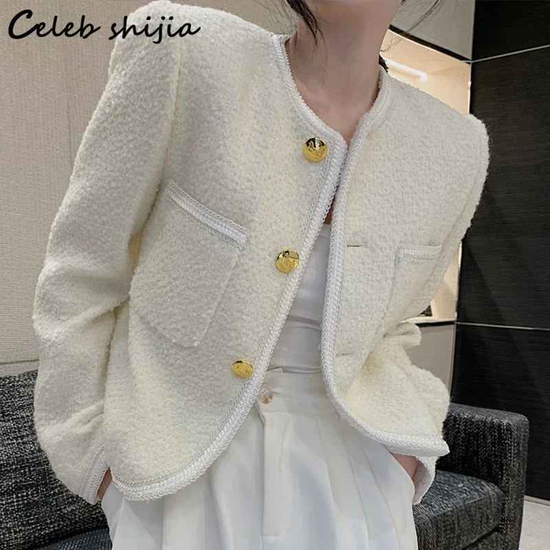 Beige Vintage Tweed Cropped Jacket Women Long-sleeve Autumn Wool Coat Women Clothing Korean Business Chic Jacket Button