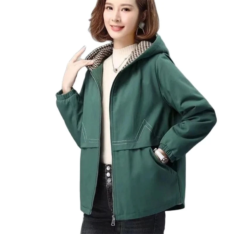 Chaqueta con forro para mujer, prendas de vestir informales coreanas con cuello levantado, rompevientos con capucha que combina con todo, Tops 4XL, otoño 2022