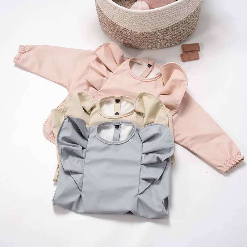 Сплошной цвет, детский нагрудник для кормления, водонепроницаемый детский халат с длинными рукавами и карманами, легко чистящиеся нагрудники для малышей