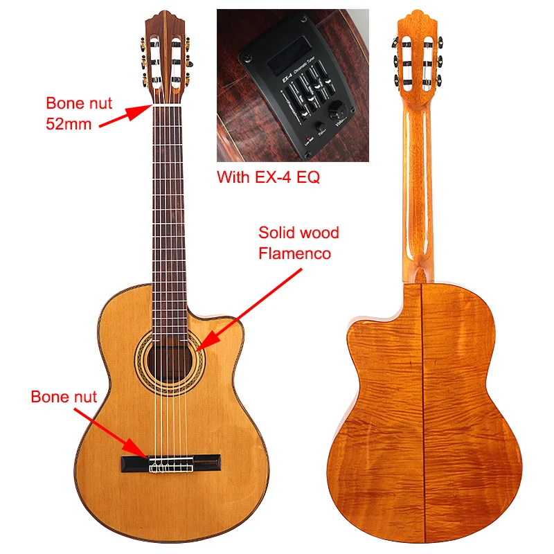 Guitarra clásica flamenca de 52mm con Qqualizador, tapa de abeto de madera maciza, parte trasera y lateral de arce flameado, alto brillo con defecto