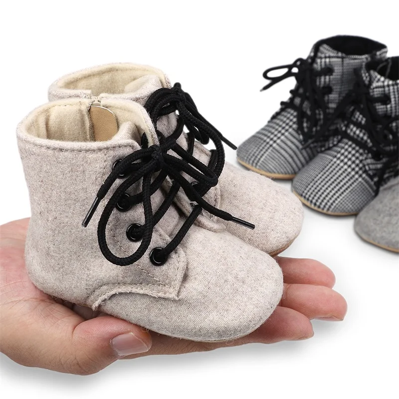 

Newborn Baby Boys Girls Winter Booties Solid Color Houndstooth Print Ankle Lace-up Boots Warm Walking Shoes for Toddler Infant