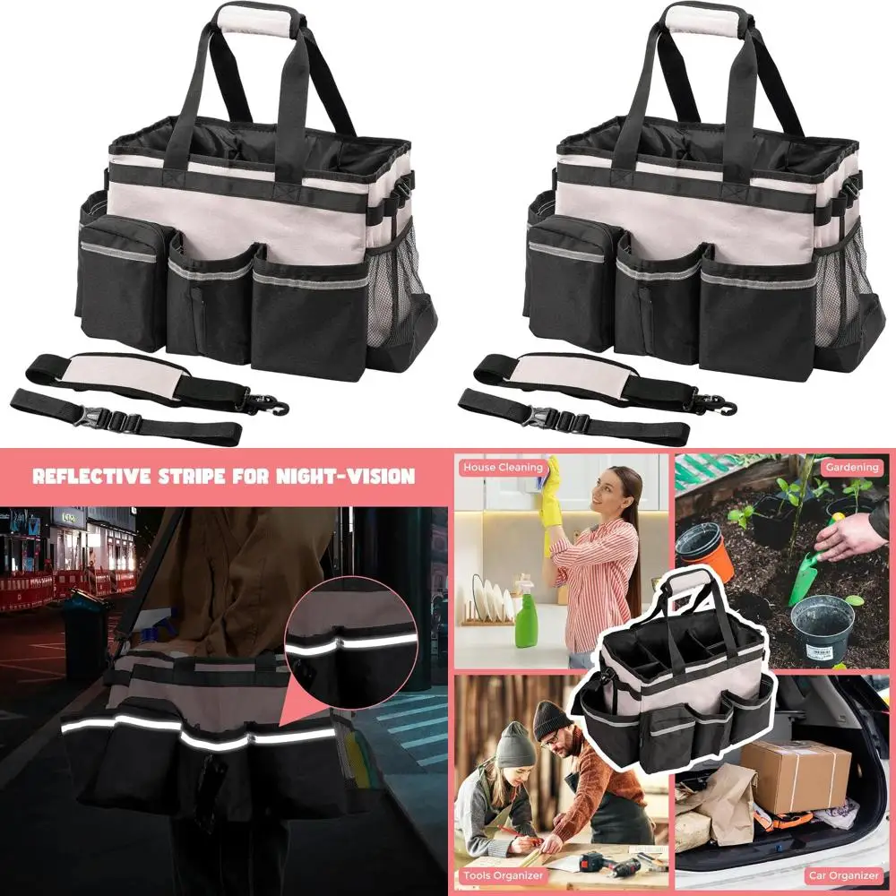 

Portable Housekeeping Cleaning Bag, 5-Section Foldable Organizer with Handles & Shoulder Strap - Pink