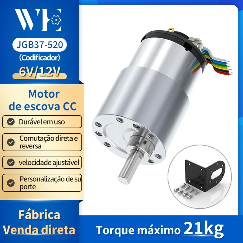Motorredutor DC Miniatura JGB37-520 com Encoder Hall 6V/12V, Rotação Reversível 6RPM~1590RPM com Medição de Velocidade