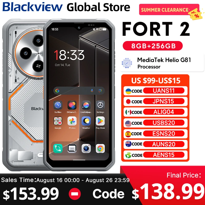 Blackview FORT 2 Rugged Smartphone 6.56" HD+ IPS 90Hz Display MTk Helio G81 5000mAh Android 15 256GB CellPhone