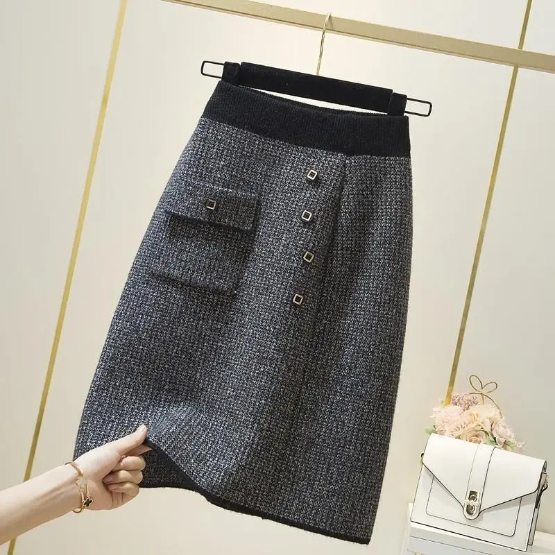 Automne hiver bureau dame simplicité poche taille élastique a-ligne jupe dames Vintage boutons jupe mince femmes vêtements jupes