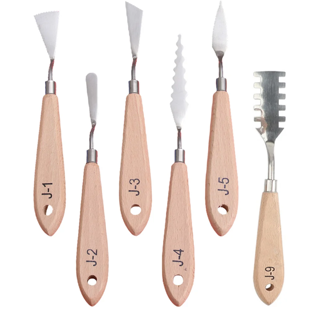 6 Pcs Shaped Oil Painting Scraper Scrapers Knives Spatulas Stainless Steel Wooden Handle Student Tools