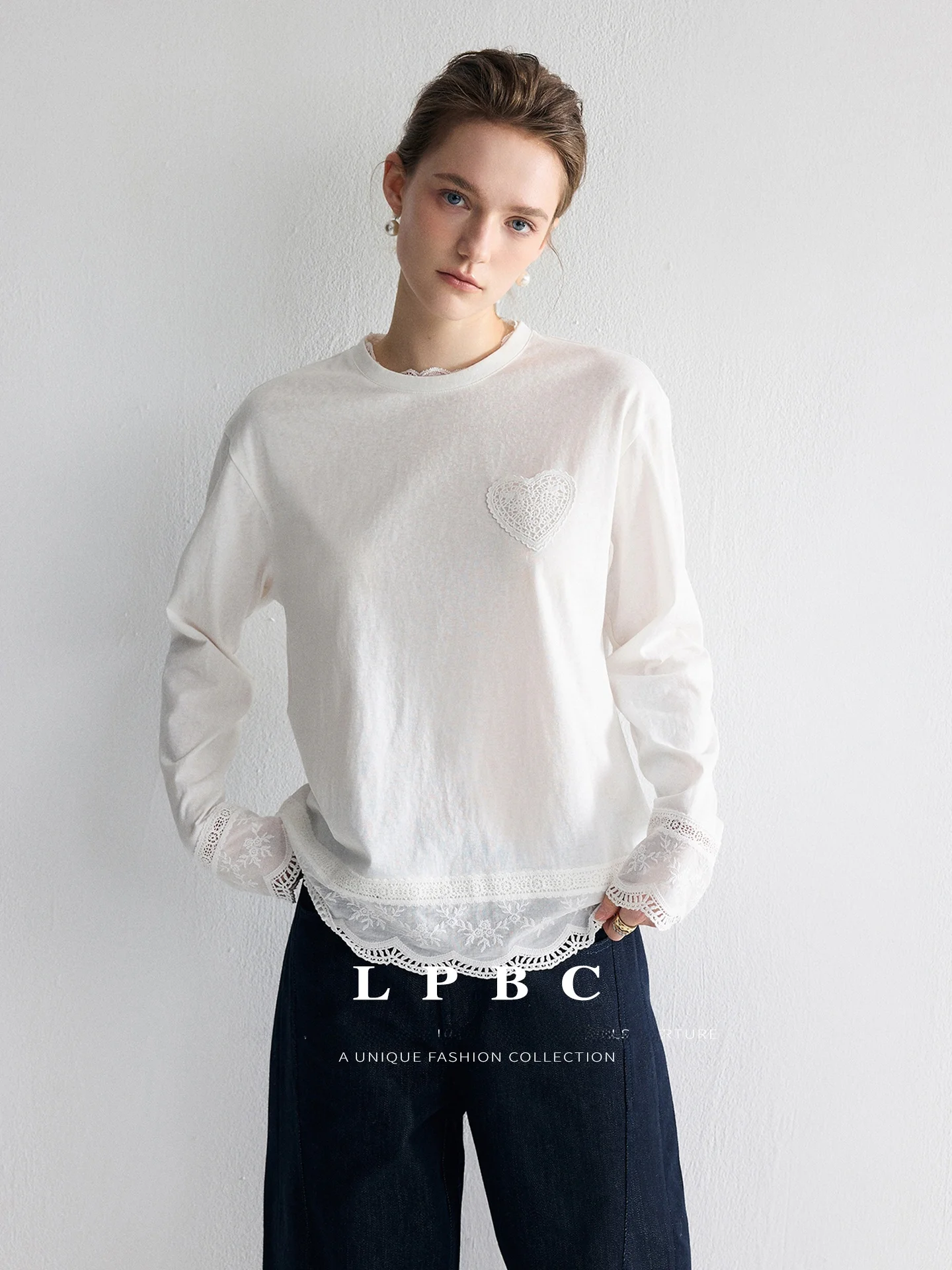 

Весенне-летняя рубашка с длинным рукавом LPBC: базовый слой с кружевной отделкой, принтом в виде сердец и эффектом похудения, из смесового хлопка