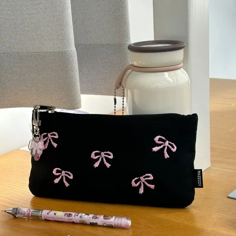 Canvas Cute Embroidered Cosmetic Brush Bag Bowknot Square Shape Cosmetics Bag Lovely Print Pencil Case