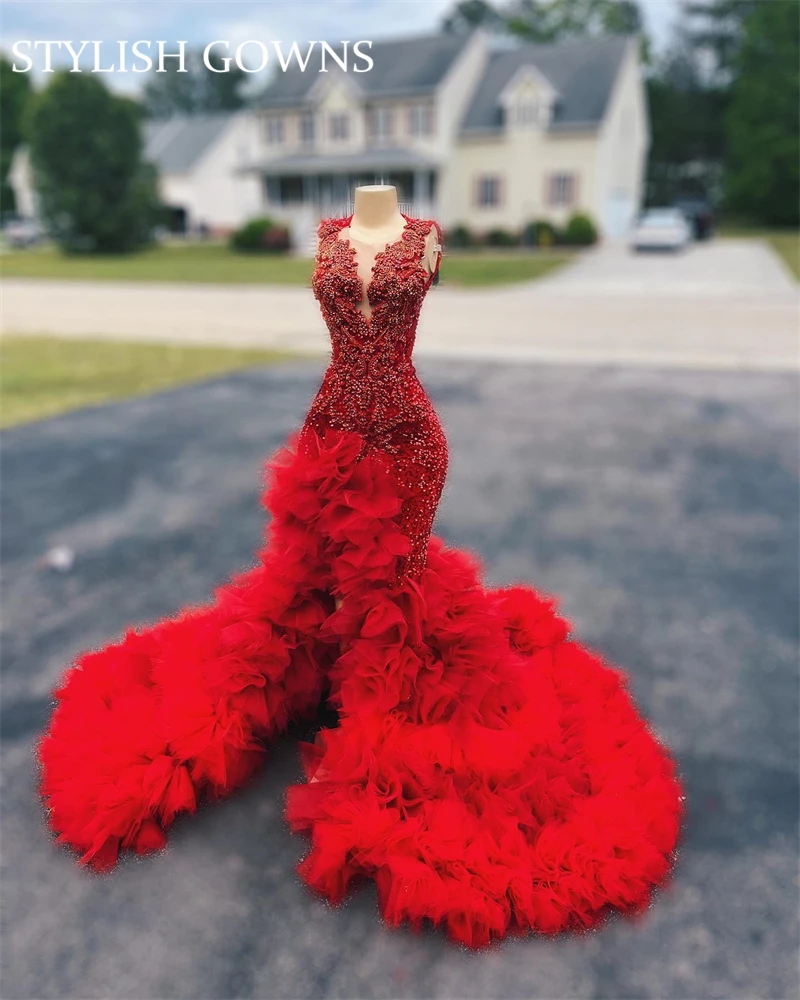 Red Long Prom Dress For Black Girls 2024 Beaded Crystal Birthday Party Dresses Ruffles Evening Gown Mermaid High Slit Customized