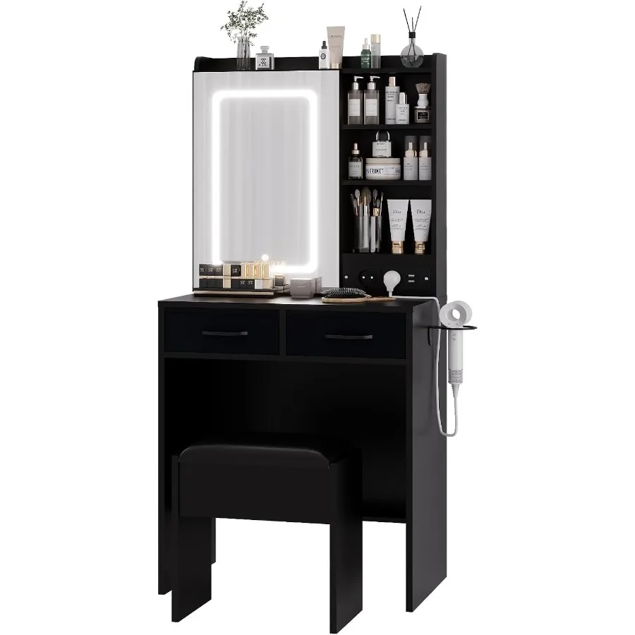 Black MDF Vanity Table Set with Mirror Stool, Dressing Table with American Standard Socket Storage Shelves, Makeup Dresser Orga